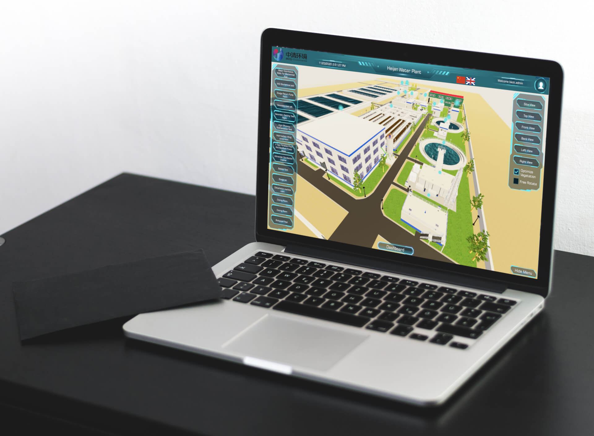 A laptop showing a 3D digital twin of a water treatment plant