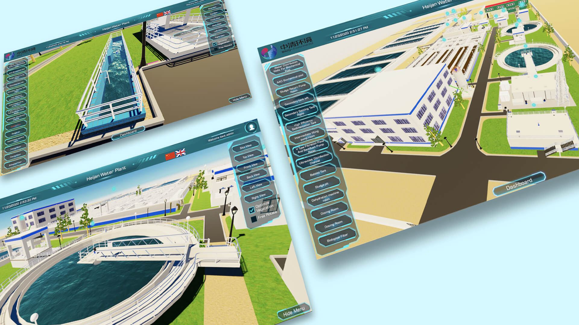 Three screens of a 3D digital twin of a wastewater treatment plant